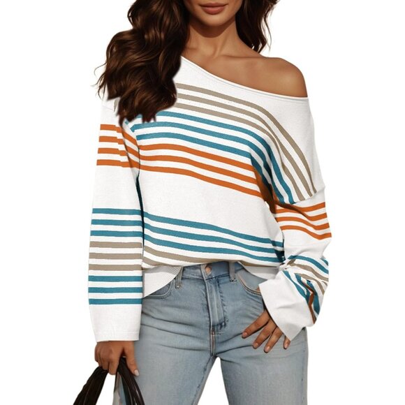 Sweaters - Womens Striped Casual Sweater Knit Pullover Fall Cozy Oversized Top Small